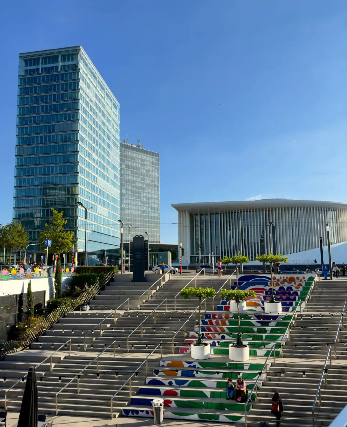 Kirchberg, Luxembourg: office towers and the Philharmonie above the painted steps